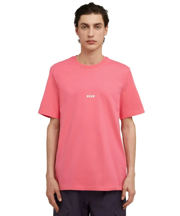 MSGM T-Shirt Girocollo In Cotone Tinta Unita Con Micro Logo Fucsia Discount