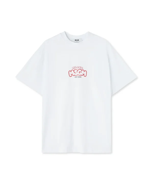 MSGM T-Shirt Girocollo In Cotone Con Logo E Grafica "Cocktail" Burro Studio X White Clearance