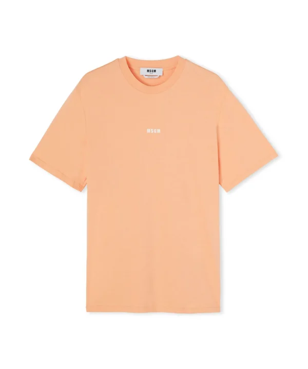 MSGM T-Shirt Girocollo In Cotone Tinta Unita Con Micro Logo Orange New