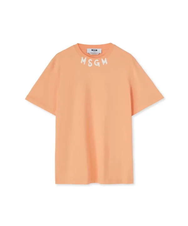 MSGM T-Shirt Girocollo In Cotone Con Logo Pennellato Posizionato Sul Collo Orange Best Sale