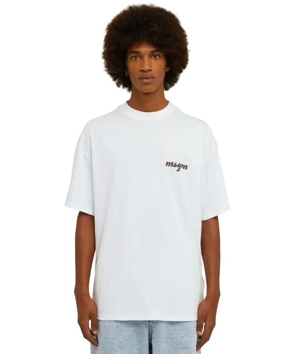 MSGM T-Shirt Girocollo In Cotone Con Logo Multicolor Corsivo Ricamato White Clearance