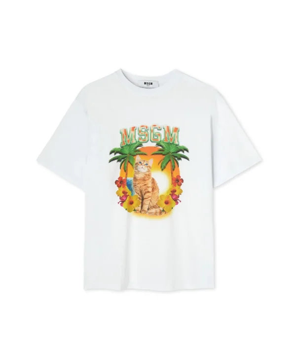 MSGM T-Shirt Girocollo In Cotone Con Grafica "College Cat" White Flash Sale