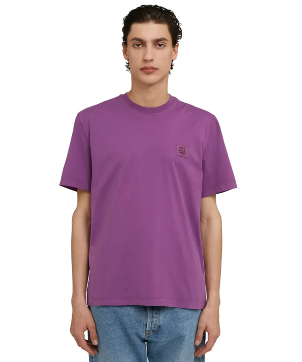 MSGM T-Shirt Girocollo In Cotone Tinta Unita Con Etichetta Con Logo Applicata Dark Purple Hot