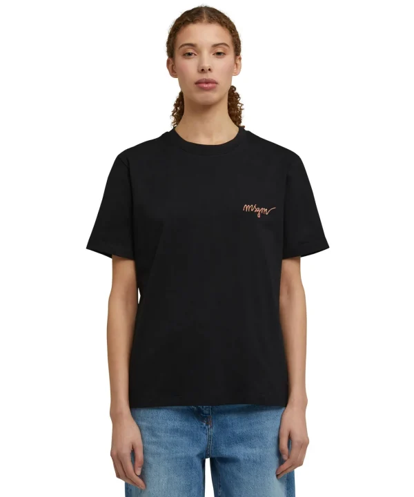 MSGM T-Shirt Girocollo In Cotone Con Logo Multicolor Corsivo Ricamato Black Fashion