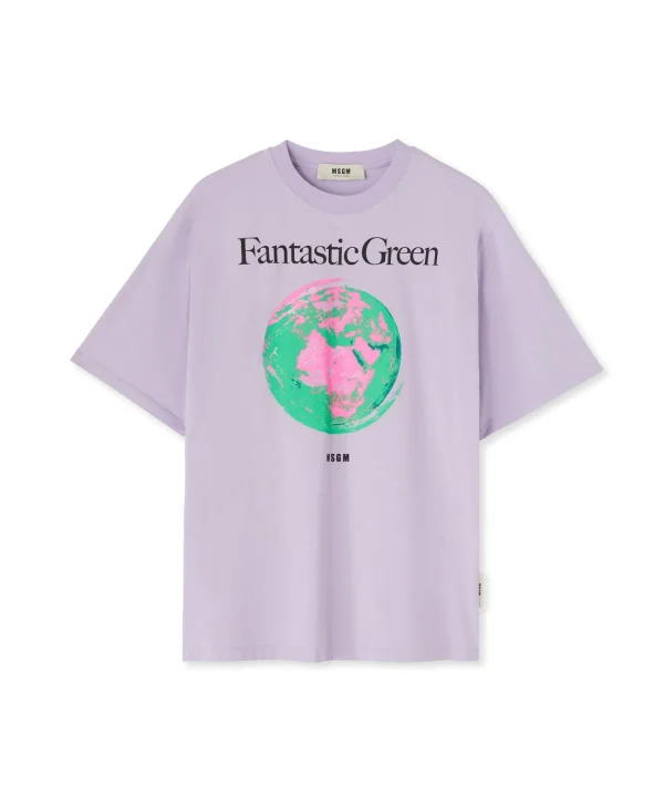 MSGM T-Shirt Girocollo In Cotone Organico Della Capsule Fantastic Green Lillac Cheap