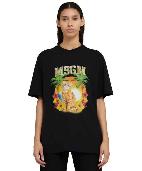 MSGM T-Shirt Girocollo In Cotone Con Grafica "College Cat" Black Flash Sale