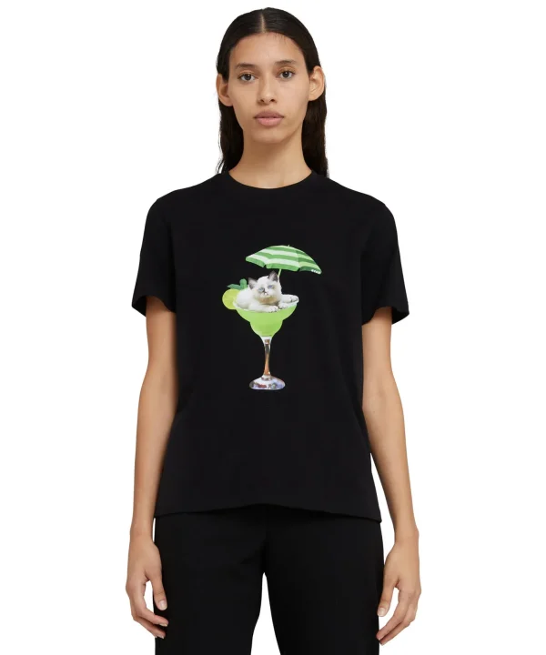 MSGM T-Shirt Girocollo In Cotone Con Grafica "Cocktail Cat" Black Sale