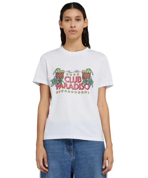 MSGM T-Shirt Girocollo In Cotone Tinta Unita Con Grafica "Club Paradiso" White Sale