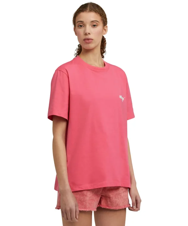 MSGM T-Shirt Girocollo In Cotone Con Logo Multicolor Corsivo Ricamato Fucsia Best Sale