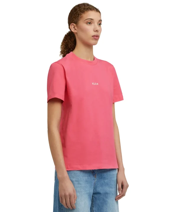 MSGM T-Shirt Girocollo In Cotone Con Micro Logo Fucsia New