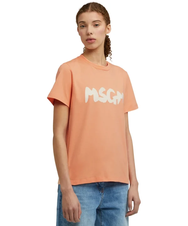 MSGM T-Shirt Girocollo In Cotone Con Nuovo Logo Pennellato Orange Fashion