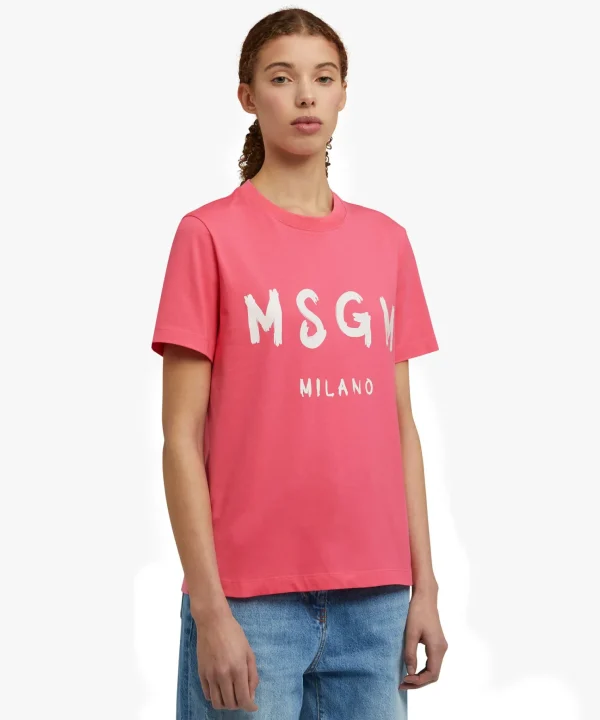 MSGM T-Shirt Girocollo In Cotone Con Logo Pennellato Fucsia Discount