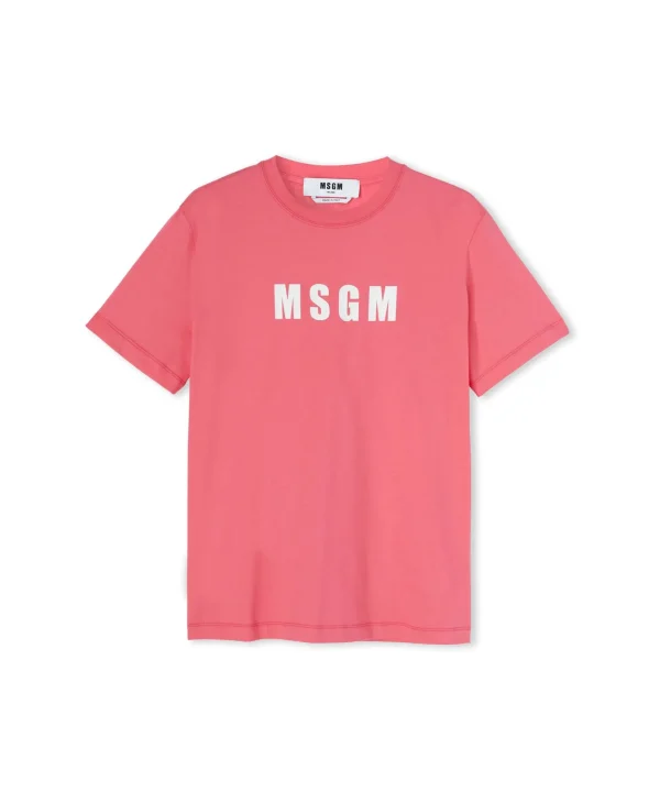 MSGM T-Shirt Girocollo In Cotone Con Logo Fucsia Clearance