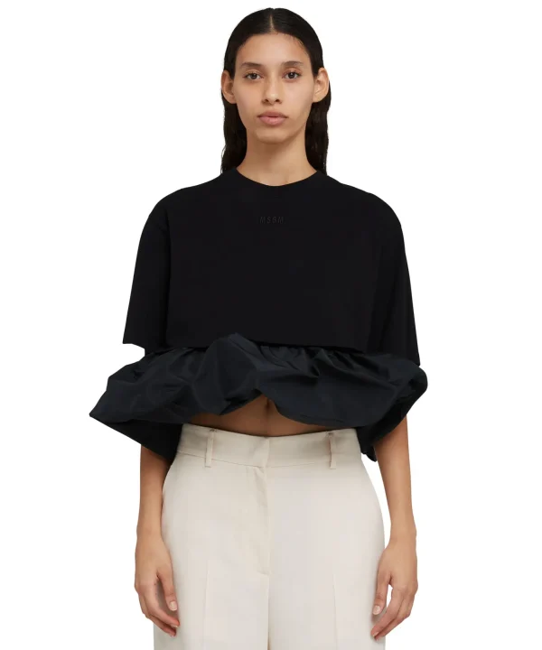 MSGM T-Shirt Girocollo In Cotone Con Balza In Taffeta Black Cheap