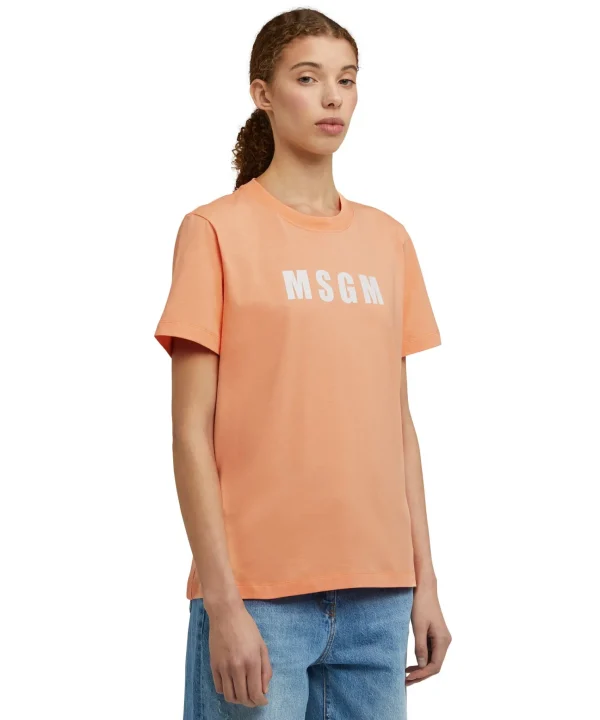 MSGM T-Shirt Girocollo In Cotone Con Logo Orange Shop