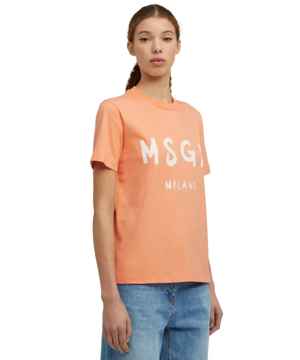 MSGM T-Shirt Girocollo In Cotone Con Logo Pennellato Orange Clearance