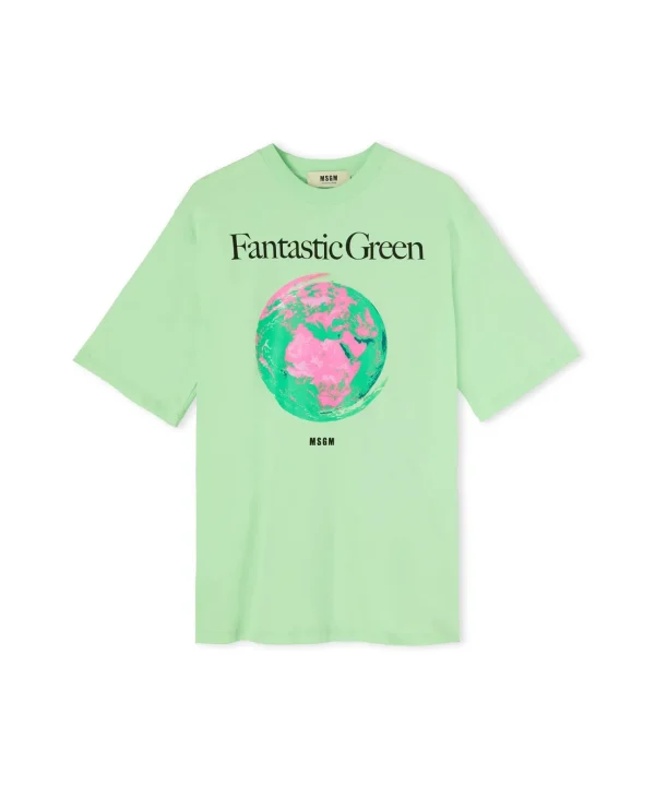 MSGM T-Shirt Girocollo In Cotone Organico Della Capsule Fantastic Green Light Green Clearance