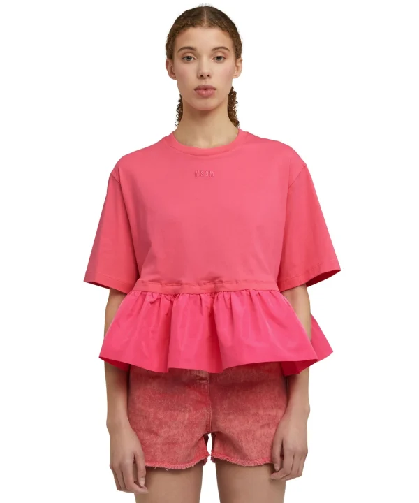 MSGM T-Shirt Girocollo In Cotone Con Balza In Taffeta Fucsia Best Sale