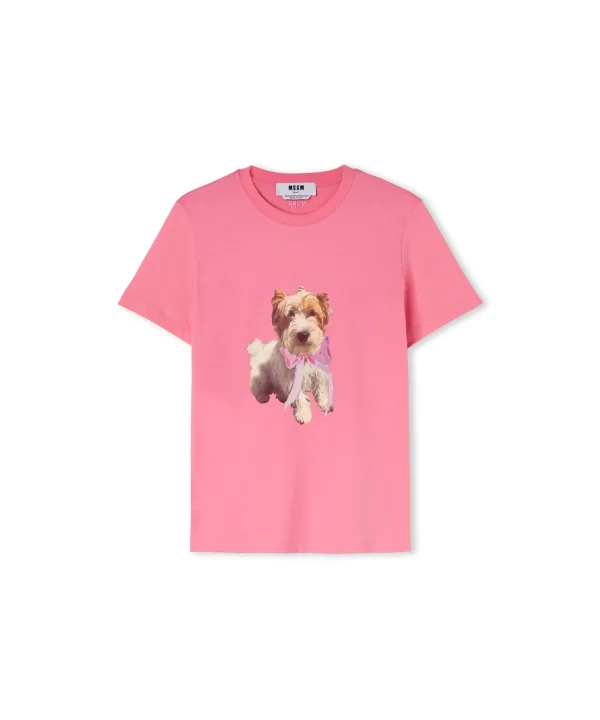 MSGM T-Shirt Girocollo In Cotone Con Stampa Dark Pink Clearance