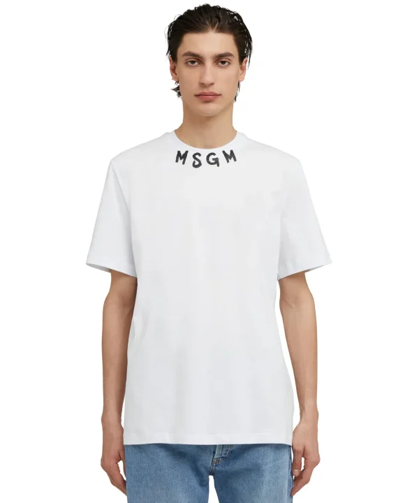 MSGM T-Shirt Girocollo In Cotone Con Logo Pennellato Posizionato Sul Collo White Cheap