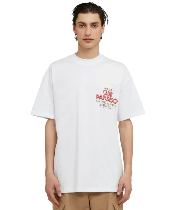 MSGM T-Shirt Girocollo In Cotone Tinta Unita Con Grafica "Club Paradiso" White Online