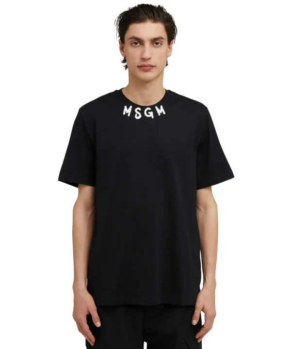 MSGM T-Shirt Girocollo In Cotone Con Logo Pennellato Posizionato Sul Collo Black Discount