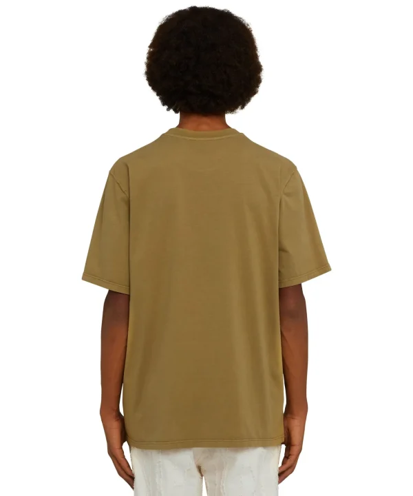 MSGM T-Shirt Girocollo In Cotone Tinta Unita Con Etichetta Con Logo Applicata Military Green Shop