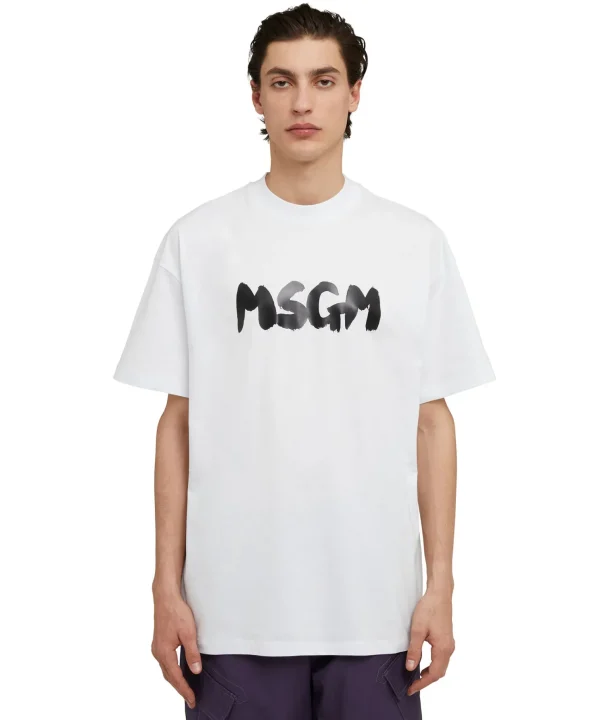 MSGM T-Shirt Girocollo In Cotone Con Nuovo Logo Pennellato White Flash Sale