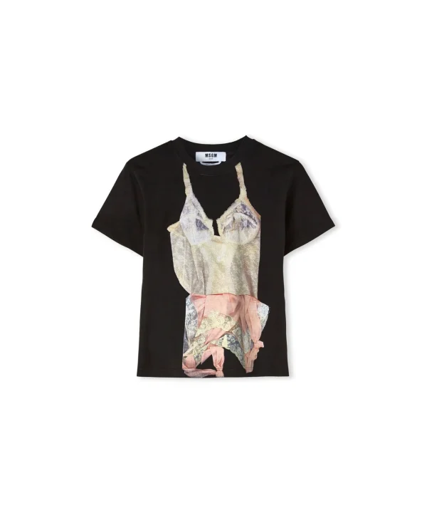 MSGM T-Shirt Girocollo In Cotone Con Stampa Black Flash Sale