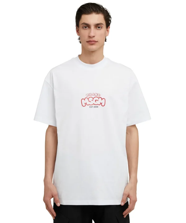 MSGM T-Shirt Girocollo In Cotone Con Logo E Grafica "Cocktail" Burro Studio X White Clearance