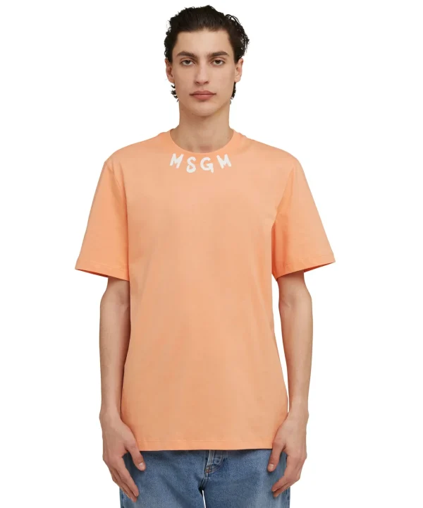 MSGM T-Shirt Girocollo In Cotone Con Logo Pennellato Posizionato Sul Collo Orange Best Sale