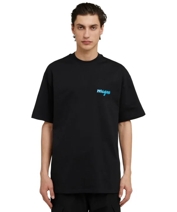 MSGM T-Shirt Girocollo In Cotone Con Logo Multicolor Corsivo Ricamato Black Sale