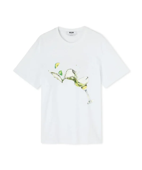 MSGM T-Shirt Girocollo In Cotone Con Grafica " Margarita" E "Club Paradiso" White Outlet