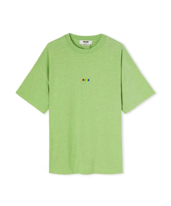 MSGM T-Shirt Girocollo In Cotone Melange Con Micro Logo Rainbow Ricamato Green New