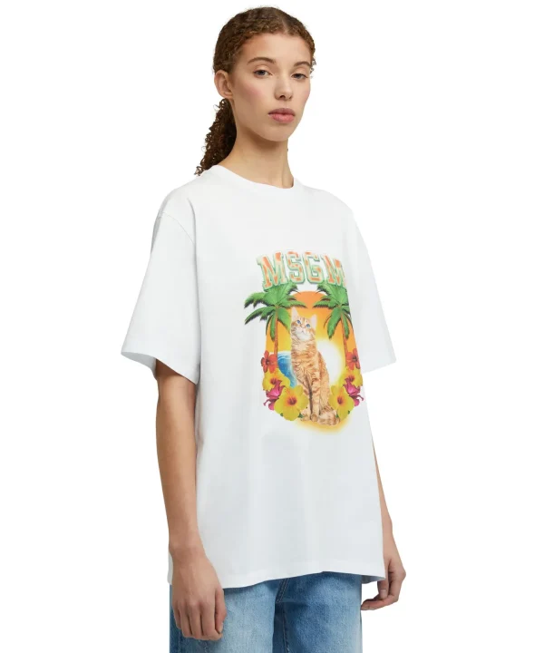 MSGM T-Shirt Girocollo In Cotone Con Grafica "College Cat" White Flash Sale