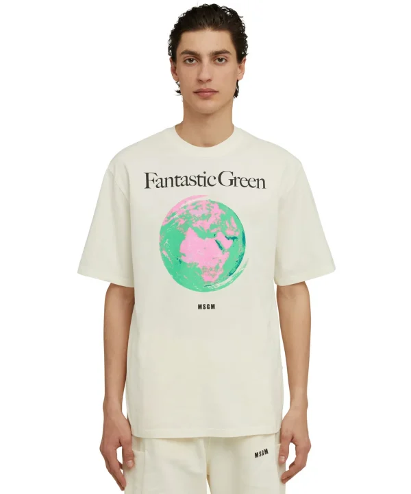 MSGM T-Shirt Girocollo In Cotone Organico Della Capsule Fantastic Green Cream Sale