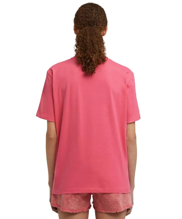 MSGM T-Shirt Girocollo In Cotone Con Logo Multicolor Corsivo Ricamato Fucsia Best Sale