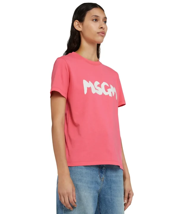 MSGM T-Shirt Girocollo In Cotone Con Nuovo Logo Pennellato Fucsia Outlet