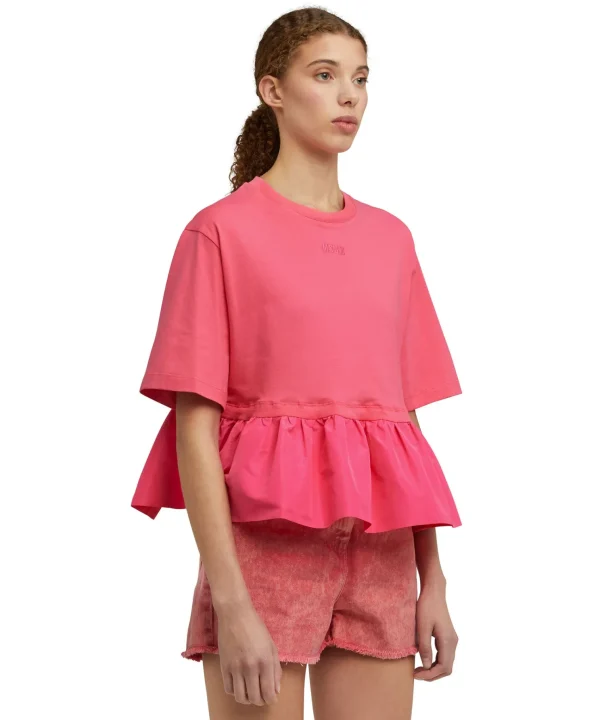 MSGM T-Shirt Girocollo In Cotone Con Balza In Taffeta Fucsia Best Sale