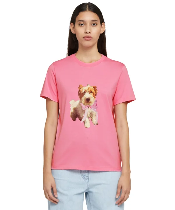 MSGM T-Shirt Girocollo In Cotone Con Stampa Dark Pink Clearance