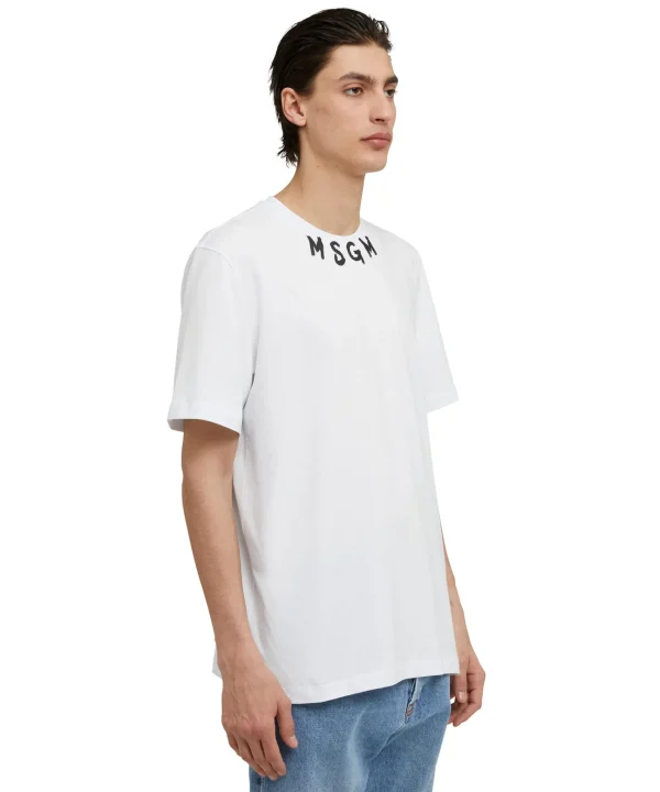 MSGM T-Shirt Girocollo In Cotone Con Logo Pennellato Posizionato Sul Collo White Cheap