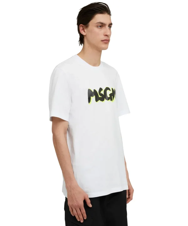 MSGM T-Shirt Girocollo In Cotone Con Nuovo Logo Pennellato Con Ombra Fluo White Store