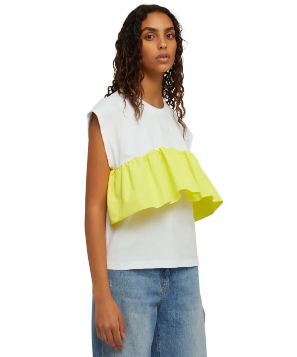 MSGM T-Shirt Girocollo In Cotone Con Balza In Taffeta Applicata White Online