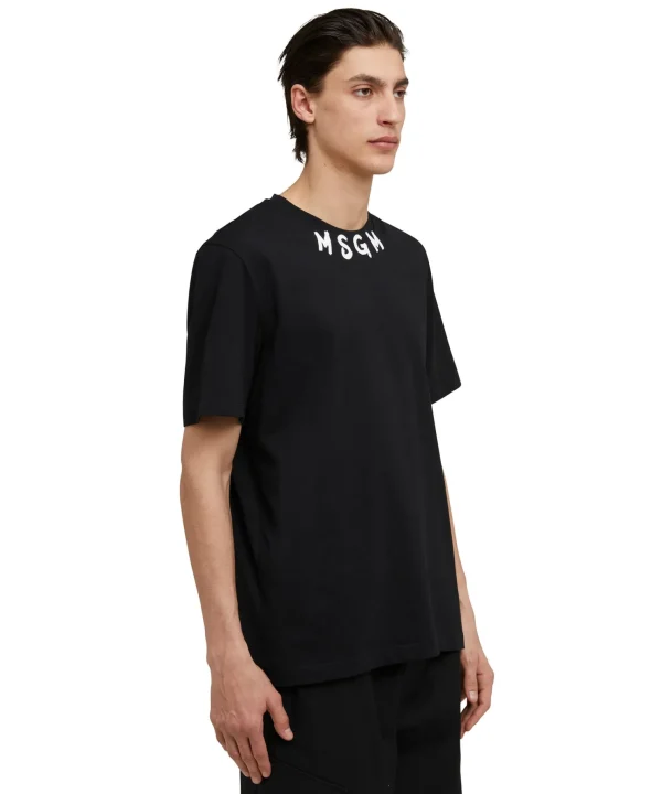 MSGM T-Shirt Girocollo In Cotone Con Logo Pennellato Posizionato Sul Collo Black Discount