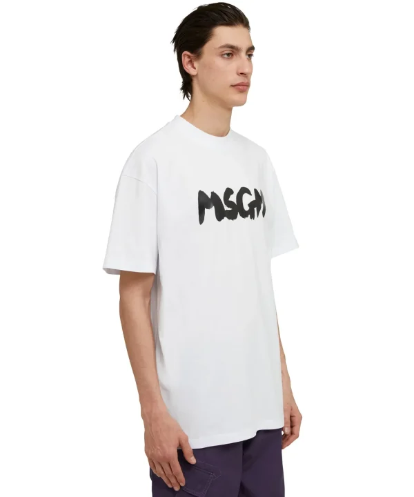 MSGM T-Shirt Girocollo In Cotone Con Nuovo Logo Pennellato White Flash Sale