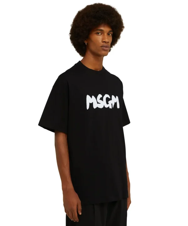 MSGM T-Shirt Girocollo In Cotone Con Nuovo Logo Pennellato Black Hot