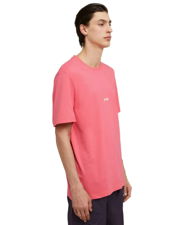 MSGM T-Shirt Girocollo In Cotone Tinta Unita Con Micro Logo Fucsia Discount