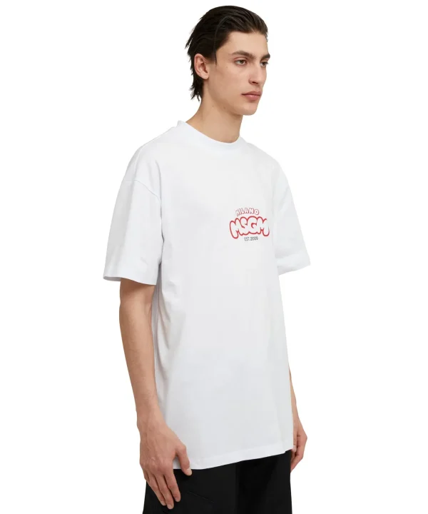 MSGM T-Shirt Girocollo In Cotone Con Logo E Grafica "Cocktail" Burro Studio X White Clearance