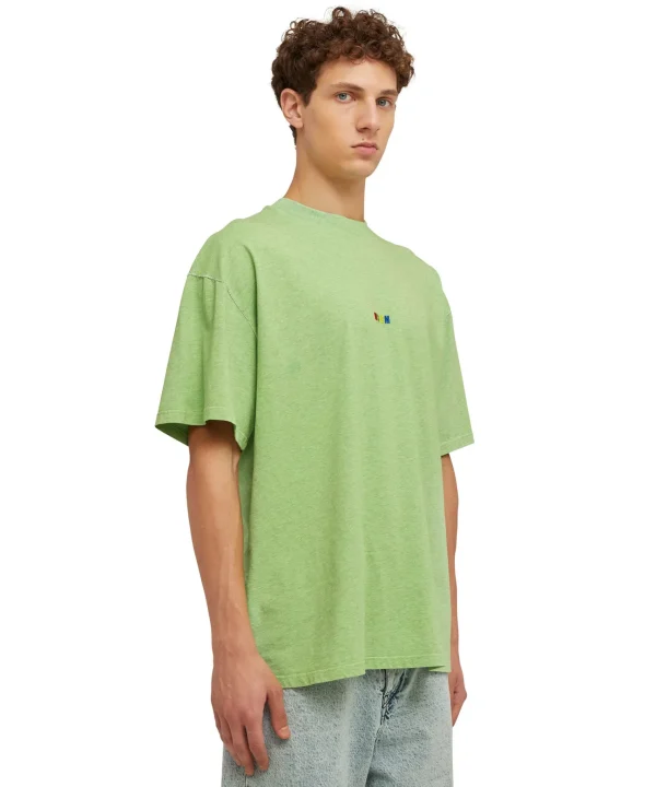 MSGM T-Shirt Girocollo In Cotone Melange Con Micro Logo Rainbow Ricamato Green New