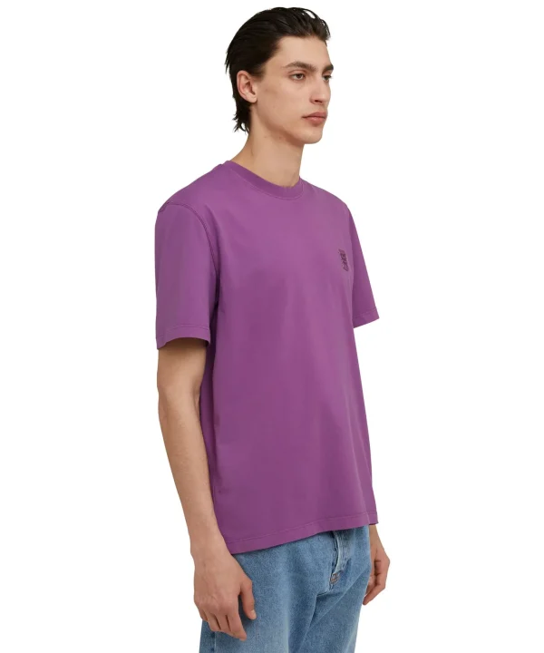 MSGM T-Shirt Girocollo In Cotone Tinta Unita Con Etichetta Con Logo Applicata Dark Purple Hot